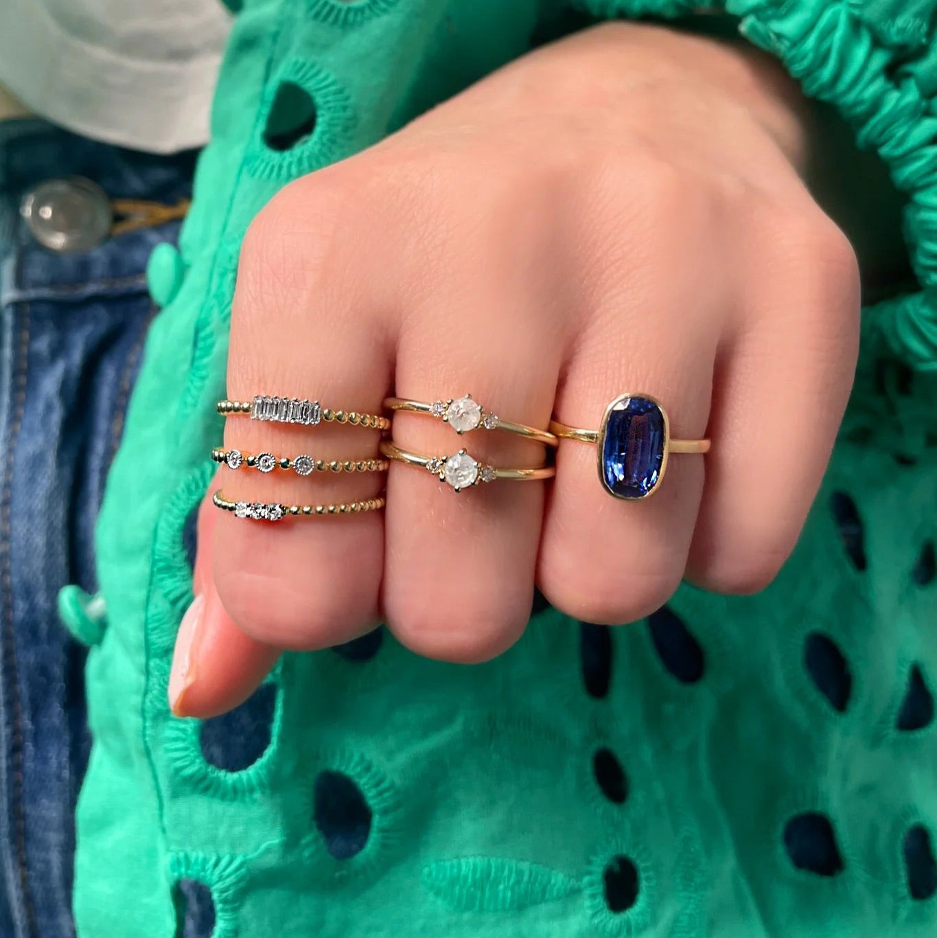 14K Beaded Petite Tri-Diamond Ring | By Meira T