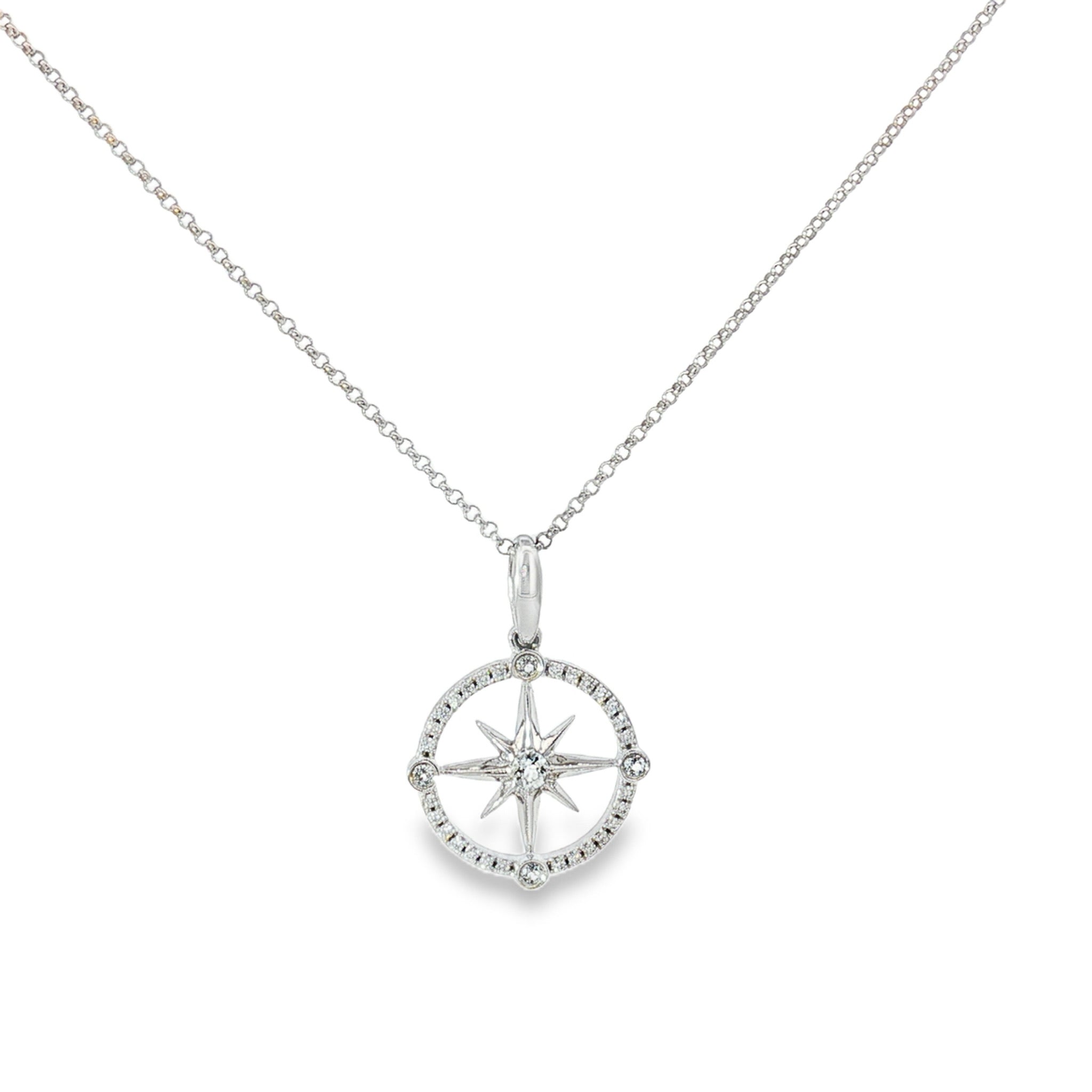 14K White Gold Aquamarine + Diamond Compass Necklace