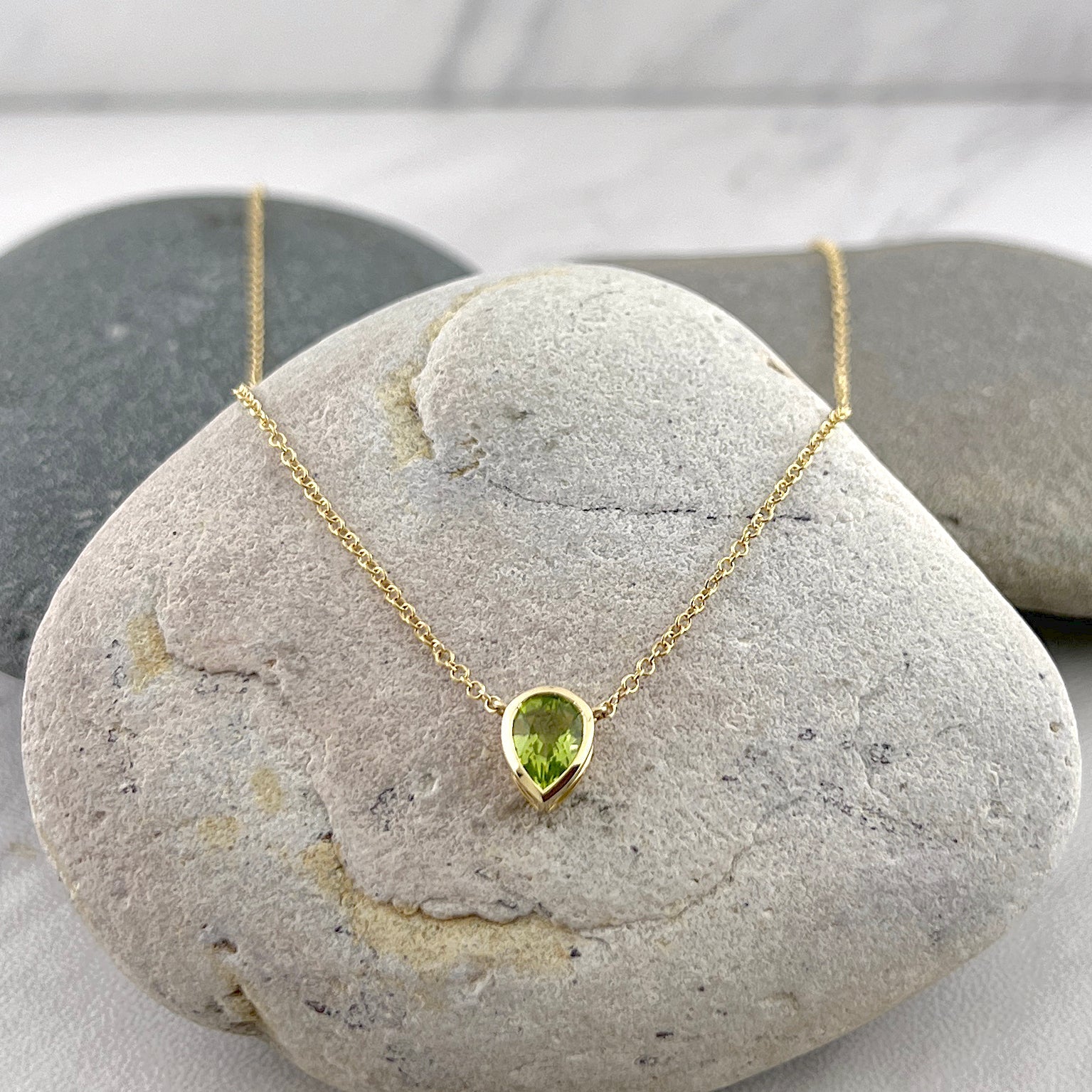 14k Gold Peridot Teardrop Bezel Necklace