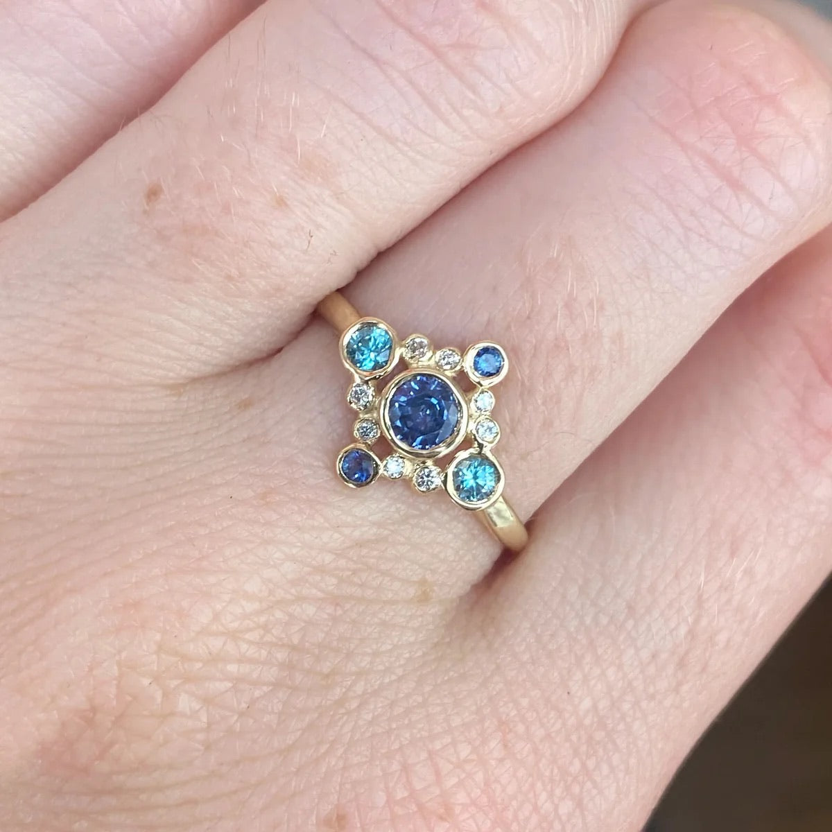 14K Andromeda Sapphire, Diamond + Blue Zircon Ring