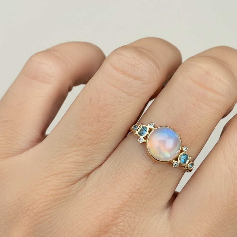 14K Rainbow Moonstone, Sapphire, Blue Zircon, + Diamond Ring