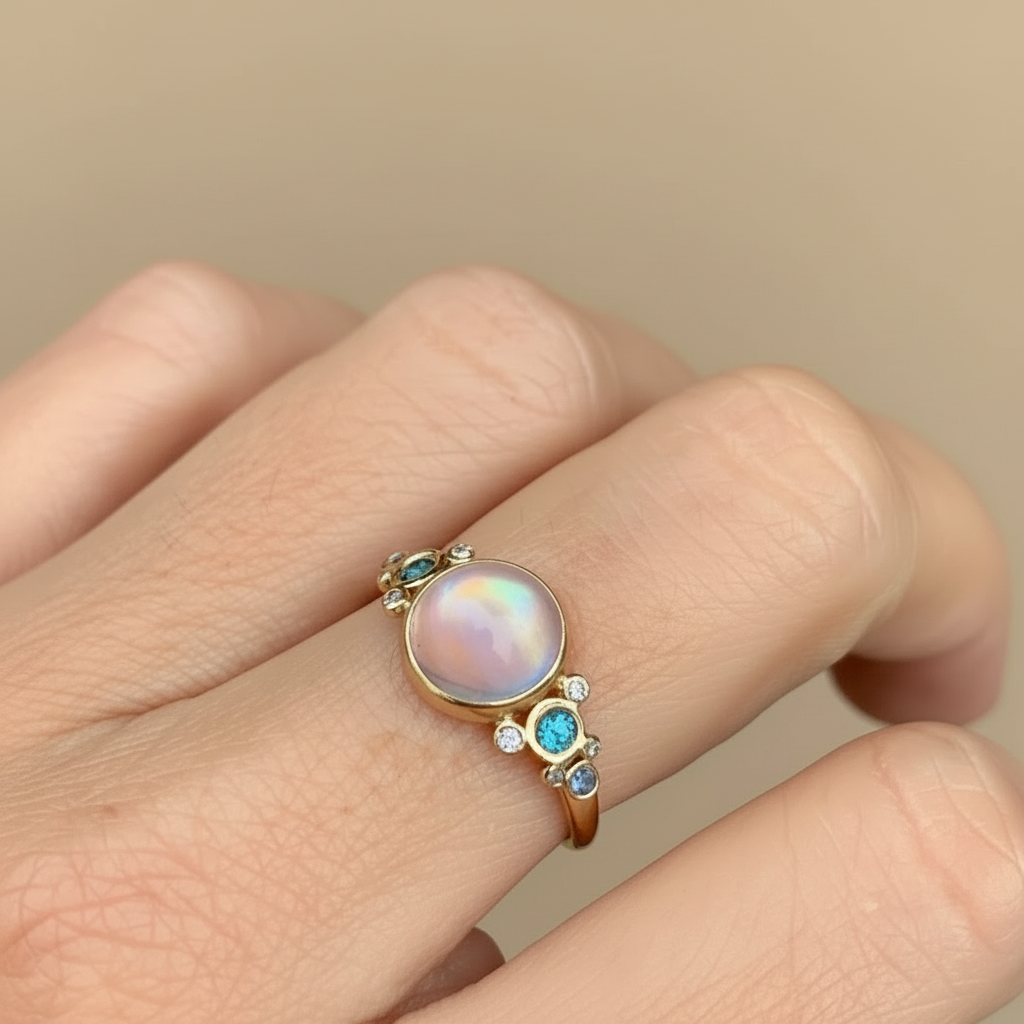 14K Rainbow Moonstone, Sapphire, Blue Zircon, + Diamond Ring