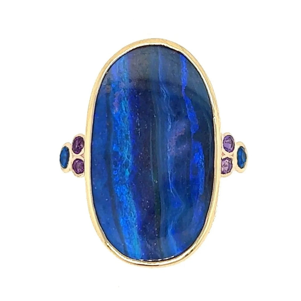 14k Seascape Boulder Opal, Amethyst, + Blue Sapphire Ring