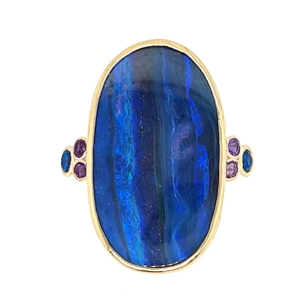 14k Seascape Boulder Opal, Amethyst, + Blue Sapphire Ring