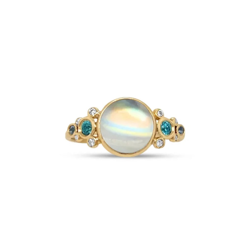 14K Rainbow Moonstone, Sapphire, Blue Zircon, + Diamond Ring