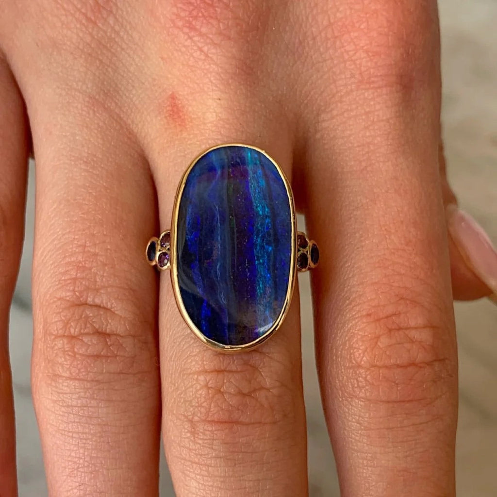 14k Seascape Boulder Opal, Amethyst, + Blue Sapphire Ring