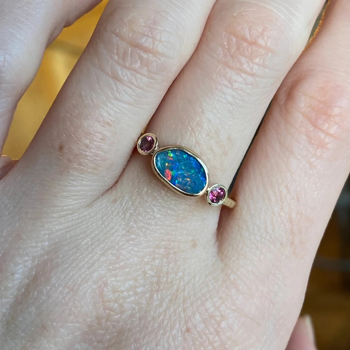 14K Australian Opal + Pink Sapphire Ring