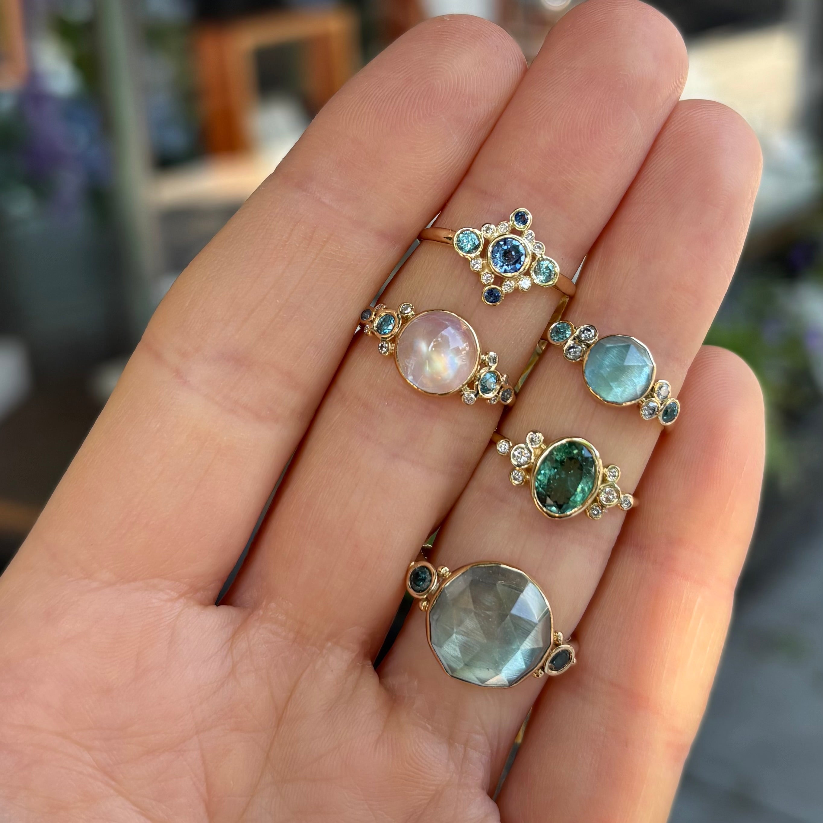 14K Rainbow Moonstone, Sapphire, Blue Zircon, + Diamond Ring