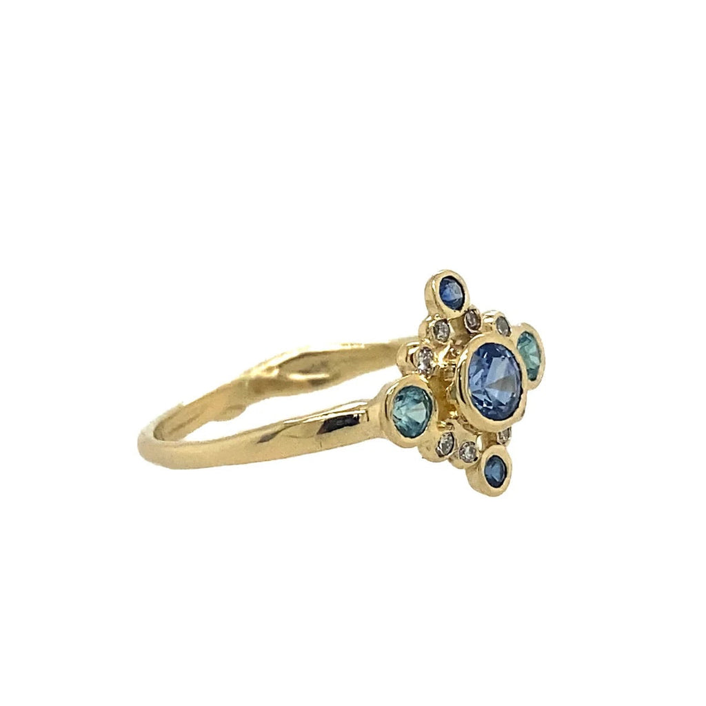 14K Andromeda Sapphire, Diamond + Blue Zircon Ring
