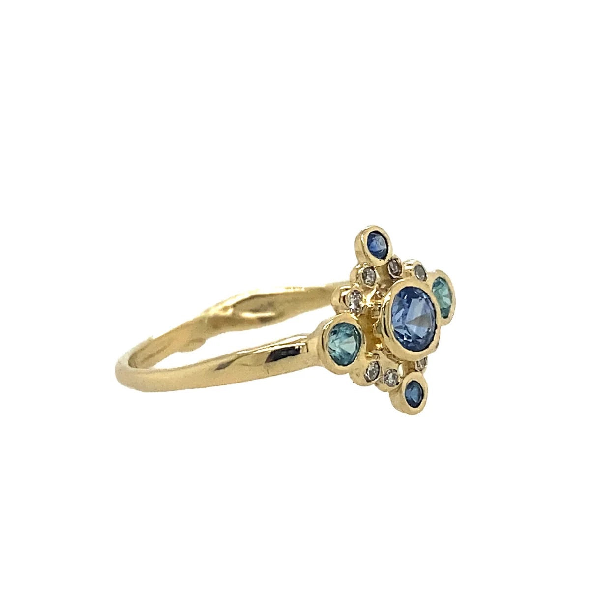 14K Andromeda Sapphire, Diamond + Blue Zircon Ring