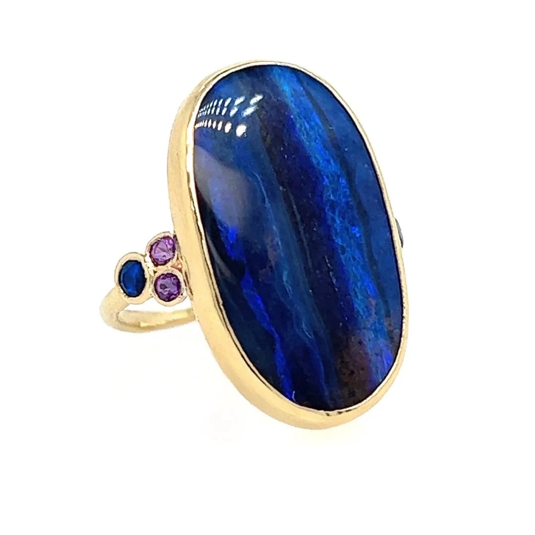 14k Seascape Boulder Opal, Amethyst, + Blue Sapphire Ring