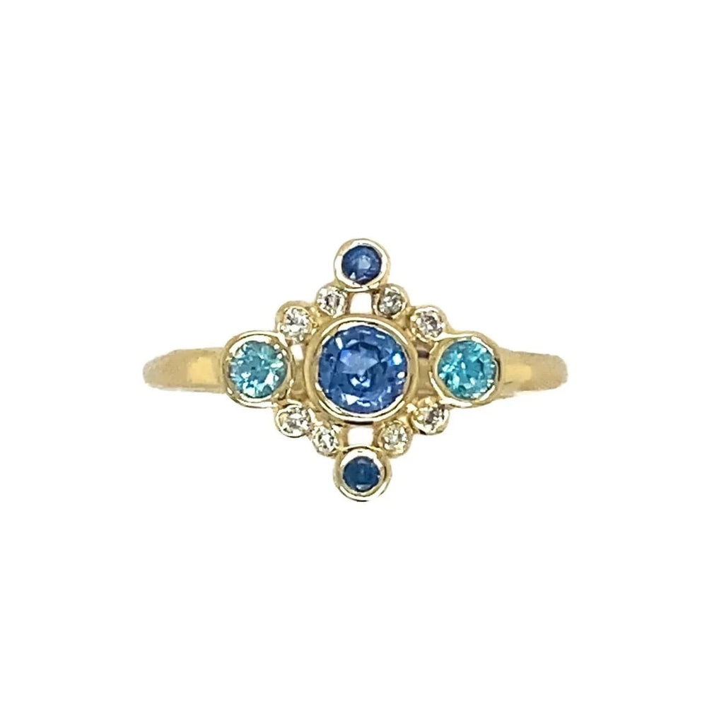 14K Andromeda Sapphire, Diamond + Blue Zircon Ring