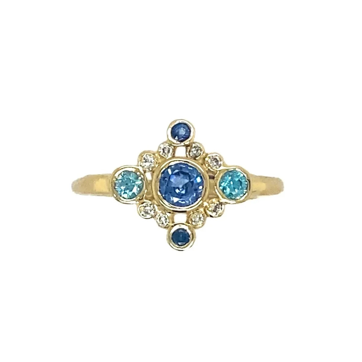 14K Andromeda Sapphire, Diamond + Blue Zircon Ring