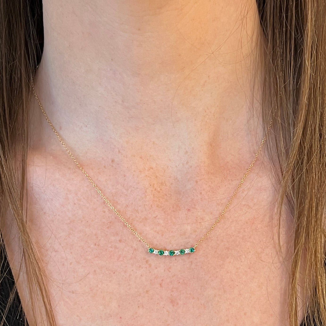 14K Emerald + Diamond Bar Necklace