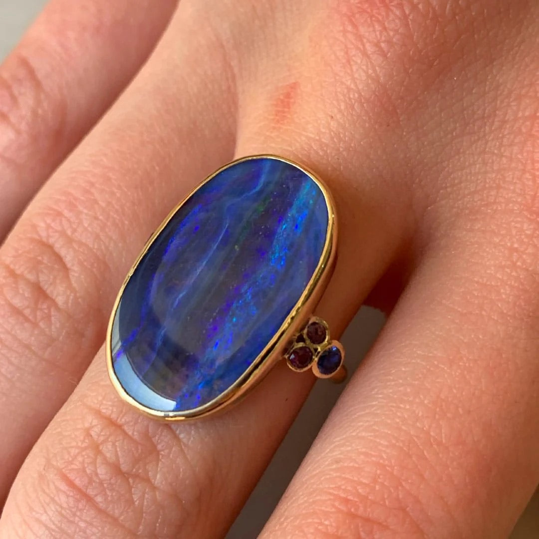 14k Seascape Boulder Opal, Amethyst, + Blue Sapphire Ring