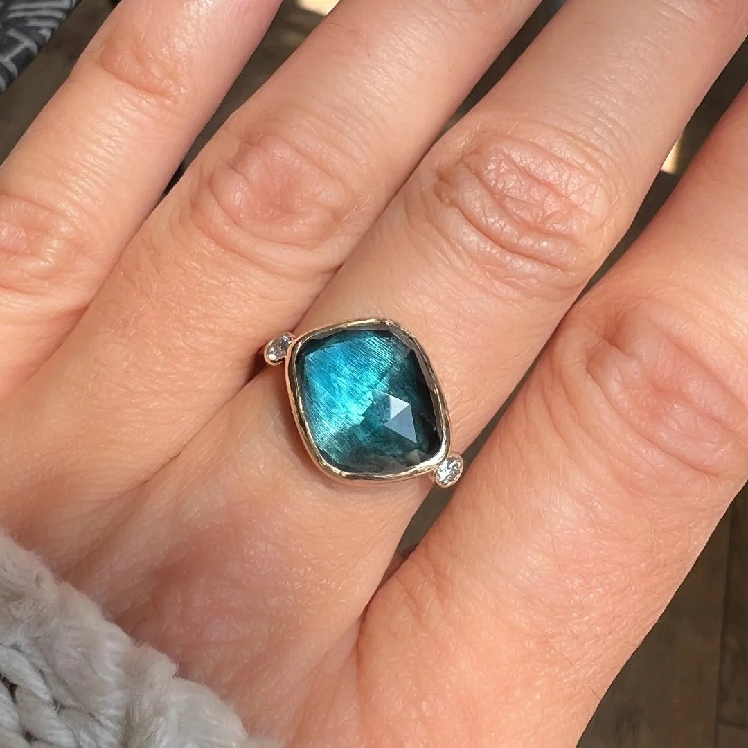 14K Oceanic Blue Topaz Ring with Diamonds